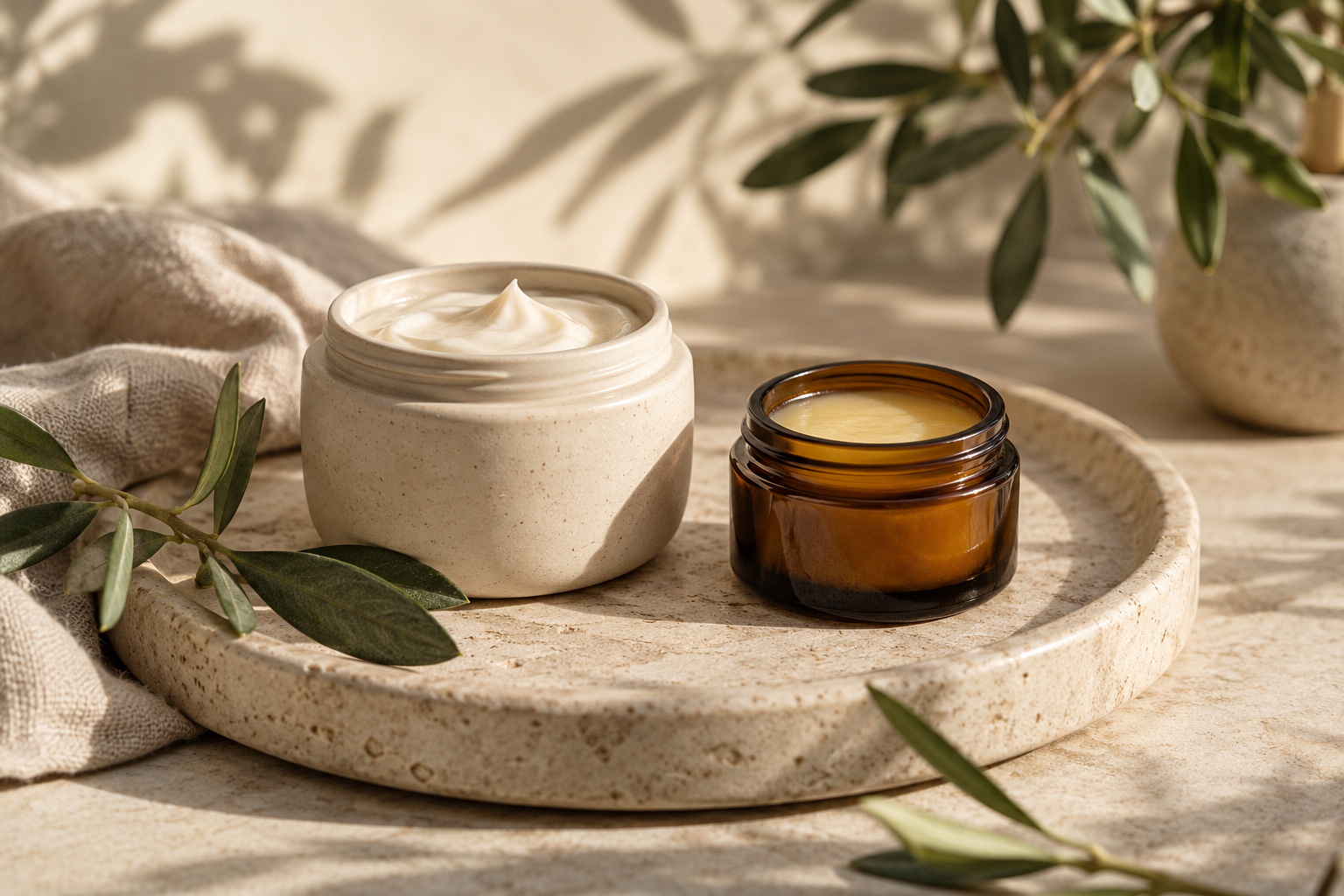 Skincare products and a calm workspace, illustrative photograph
